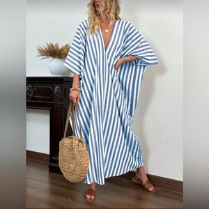 NWOT Blue + White Striped Batwing Sleeve Kaftan